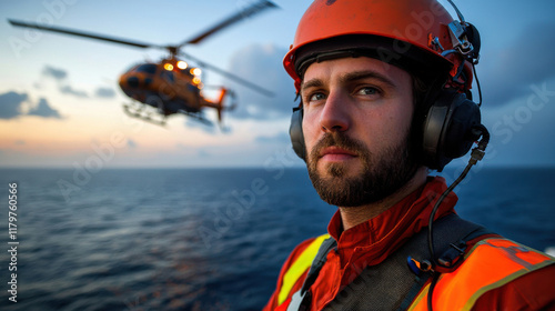 Offshore technician observes helicopter during sunset at sea