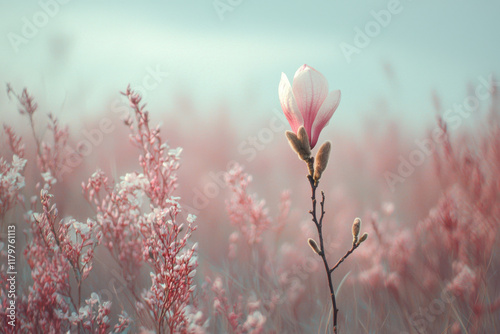Blooming magnolia flower standing out in a field of pink flowers