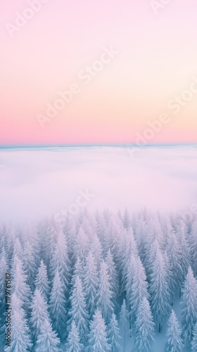 Majestic Winter Landscape of Sallatunturi's Snow-Covered Slopes and Frosty Pine Trees at Sunset with Soft Pastel Sky and Fog Creating a Dreamlike Scenic View Ideal for Tranquil Stock Photography photo