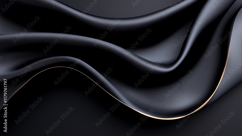 Fototapeta premium Elegant black fabric with gold line, flowing waves, luxurious texture.