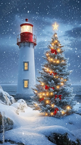 Snowy Winter Seascape Christmas Tree Lighthouse Scene photo