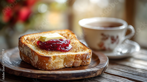 Toasted bread with jam and butter on wooden plate, accompanied by cup of tea, creates cozy and inviting atmosphere perfect for breakfast or snack