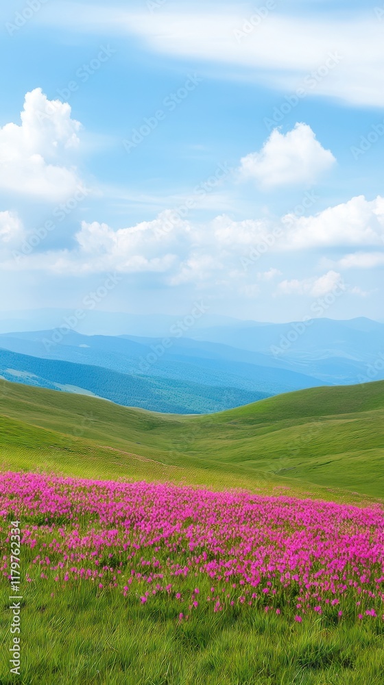 Scenic View of Balkan Mountains and Pink Wildflowers Under a Clear Summer Sky with Rolling Hills and Clouds Capturing the Tranquil Beauty of Nature and Mountain Landscape Photography Scenic View of Balkan Mountains and Pink Wildflowers Under a Clear Summer Sky with Rolling Hills and Clouds Capturing the Tranquil Beauty of Nature and Mountain Landscape Photography