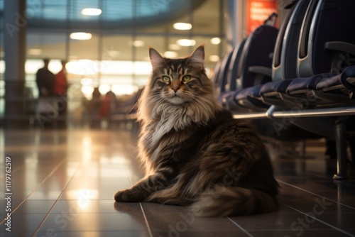 Portrait of a happy norwegian forest cat while standing against bustling airport terminal photo