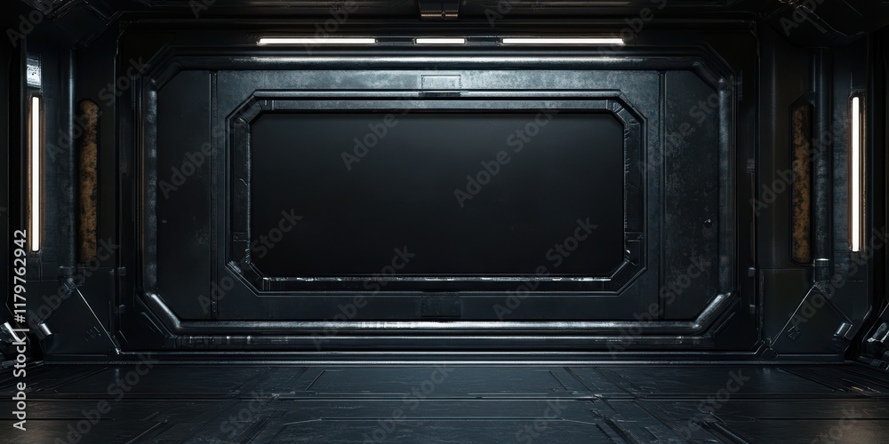 Fototapeta premium Dark Sci Fi Spaceship Interior Room Futuristic Metal Wall Panel Empty Space