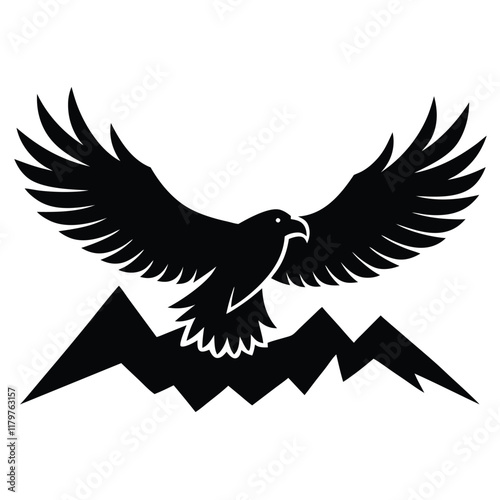 A majestic eagle soaring in the sky with outstretched wings, mountain scenery in the background, vector art.