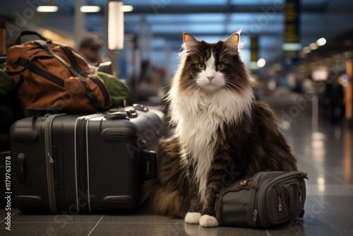 Portrait of a happy norwegian forest cat in front of bustling airport terminal