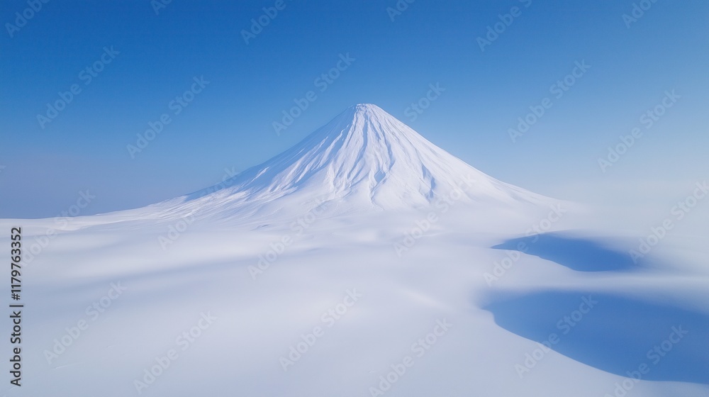 Majestic Snow-Covered Volcano Under Clear Blue Sky, Winter Landscape with Smooth Snow and Serene Horizon, Captivating Natural Beauty, Suitable for Nature and Adventure Themes, Tranquil Scene Majestic Snow-Covered Volcano Under Clear Blue Sky, Winter Landscape with Smooth Snow and Serene Horizon, Captivating Natural Beauty, Suitable for Nature and Adventure Themes, Tranquil Scene