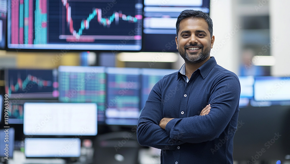 Fototapeta premium Confident Businessman in a Busy Trading Room