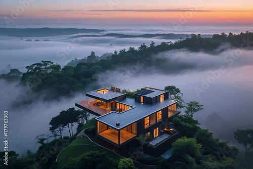 Dream Home Above the Clouds: Luxurious modern house nestled on a hilltop, shrouded in mist at dawn. Breathtaking aerial view of architectural masterpiece, capturing serenity and exclusivity.  photo