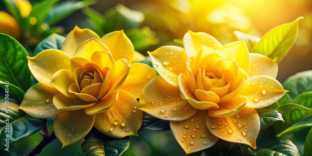 Lush Yellow Gardenia Blossoms: Close-Up Macro Photography Lush Yellow Gardenia Blossoms: Close-Up Macro Photography