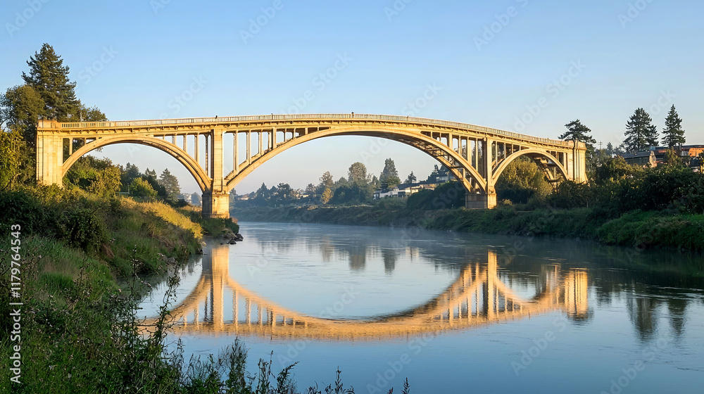Fototapeta premium Serene Sunrise over the River Bridge: A Majestic Architectural Landscape