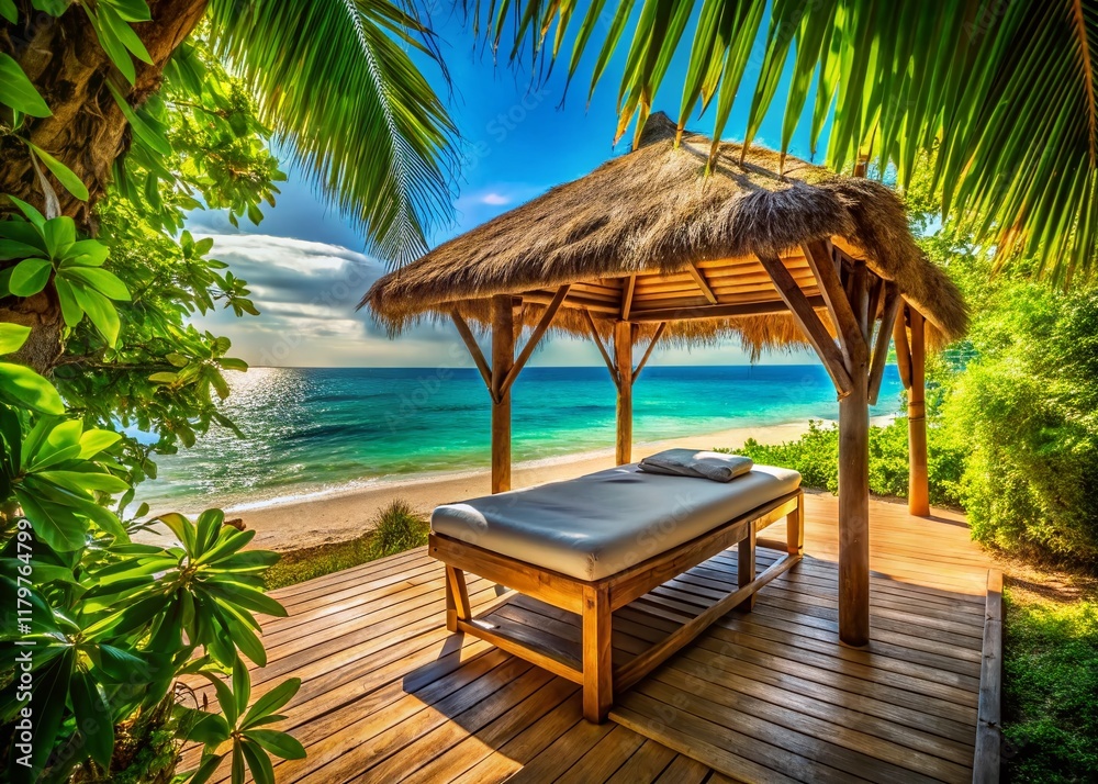 Fototapeta premium Luxurious Beachfront Massage Hut: Ocean View Spa Treatment