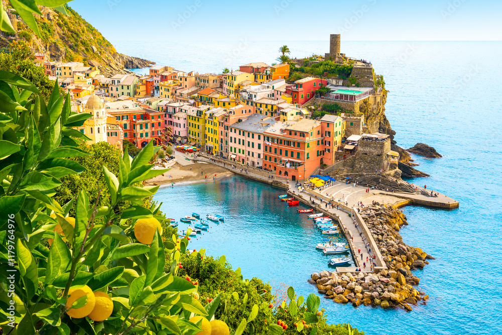 Vernazza Village, Cinque Terre Coast of Italy. Vernazza a beautiful small town in the province of La Spezia, Liguria, north of Italy and one of the five Cinque terre travel attractions