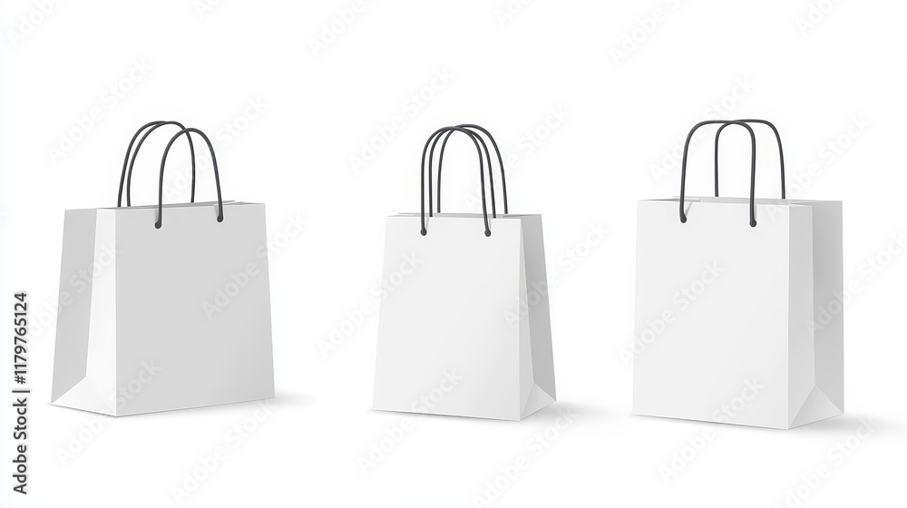 White paper shopping bag set with different angles. Front and side view of retail purchase packaging - blank mockup with empty space and rope handle, isolated realistic vector illustration White paper shopping bag set with different angles. Front and side view of retail purchase packaging - blank mockup with empty space and rope handle, isolated realistic vector illustration