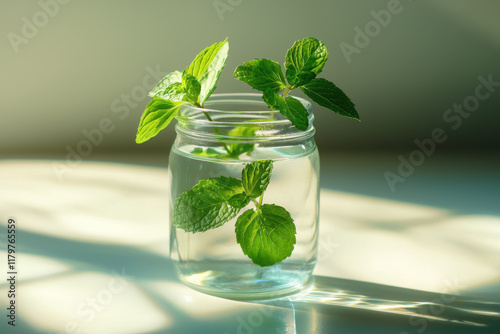 Fresh mint leaves growing in glass jar with water