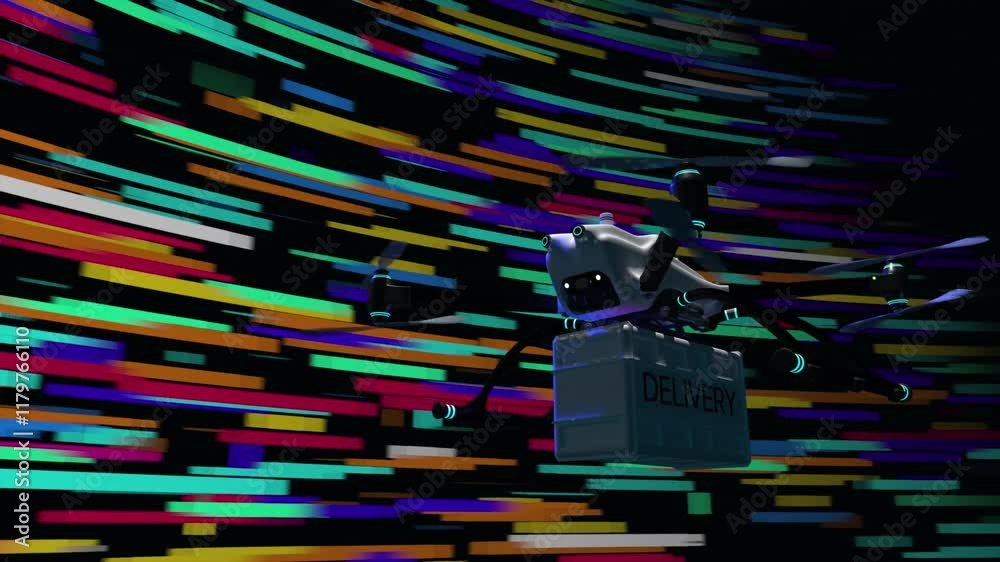 Delivery drone flying at high speed at night against background of moving lines of different colors. Loop sequence. 3D Animation