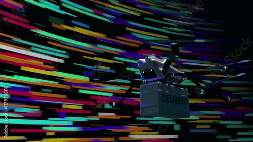 Delivery drone flying at high speed at night against background of moving lines of different colors. Loop sequence. 3D Animation