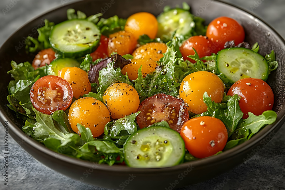 Fresh and vibrant salad with mixed tomatoes, cucumber, and lettuce in a dark bowl Fresh and vibrant salad with mixed tomatoes, cucumber, and lettuce in a dark bowl