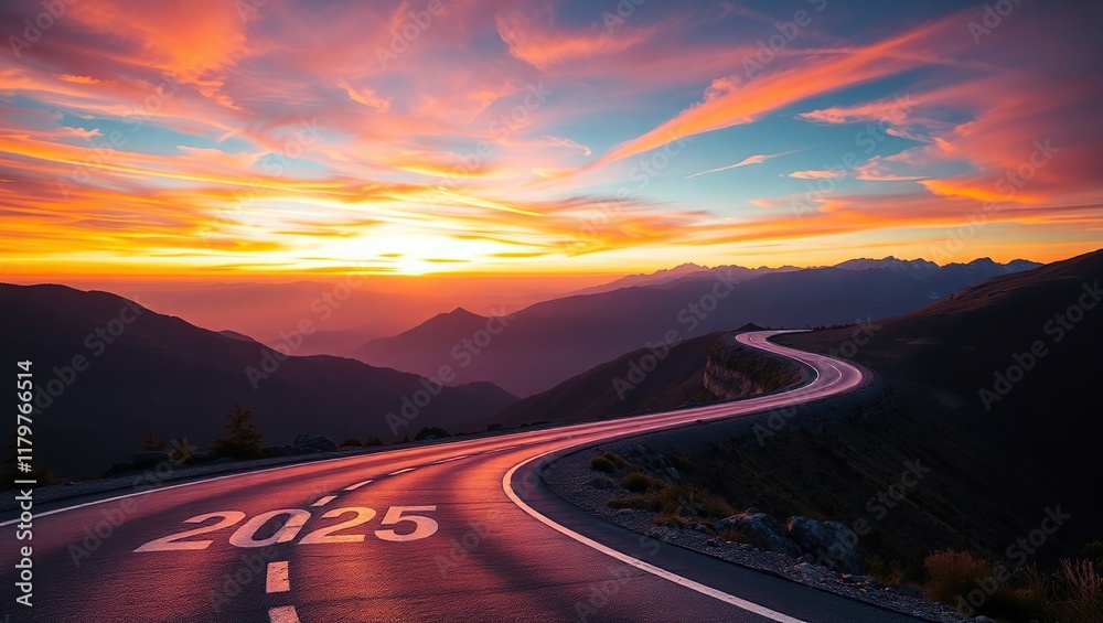 Naklejka premium Winding Road Ahead Towards A Vibrant Sunset In 2025