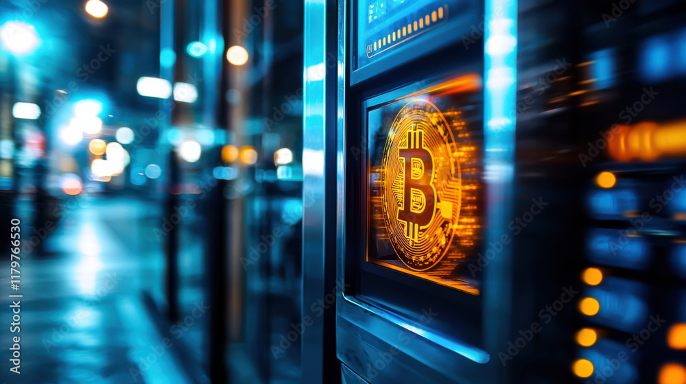 Obraz premium up close look at sleek Bitcoin ATM illuminated at night, showcasing technology and innovation