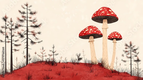 Wild mushrooms presented with natural elements, forming a peaceful and serene background, book illustration style photo