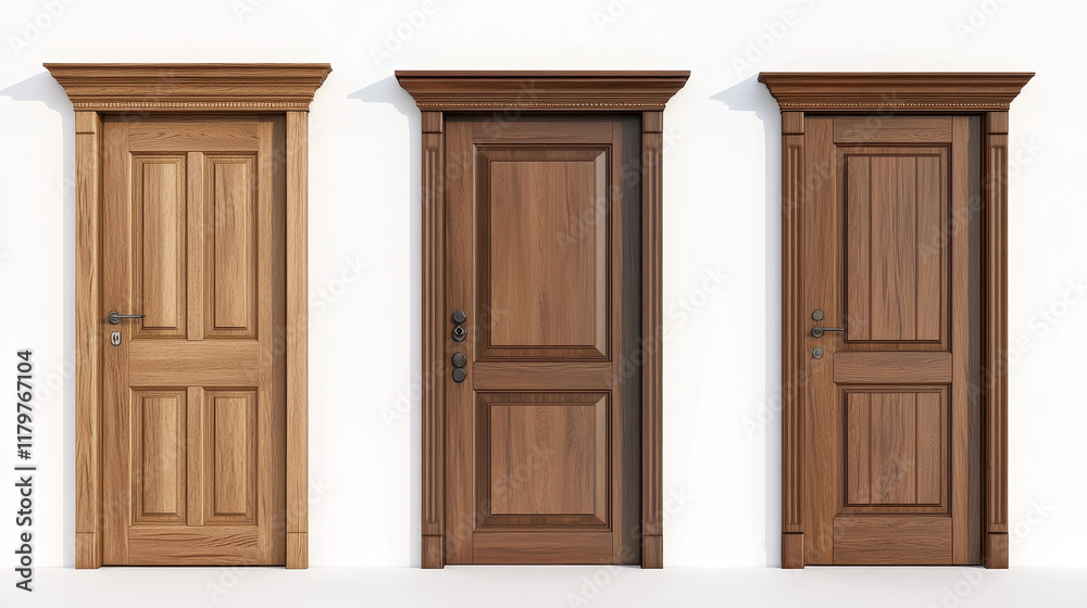 Closed, ajar and open wooden front door. Realistic 3d vector illustration set of sequence step of entrance opening. House or office interior element with light wood texture. Doorway with handle mockup Closed, ajar and open wooden front door. Realistic 3d vector illustration set of sequence step of entrance opening. House or office interior element with light wood texture. Doorway with handle mockup