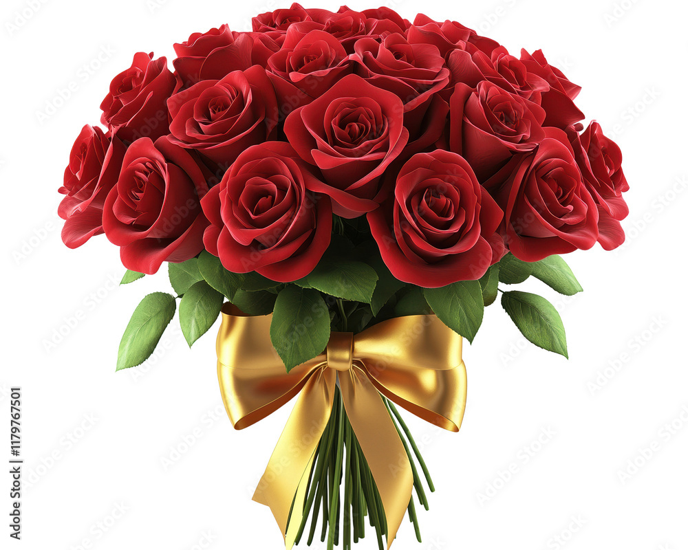Obraz premium Bouquet of red roses with green leaves and a golden ribbon on a white background.