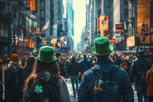 Tourists celebrating saint patrick's day walking down a crowded street in new york city