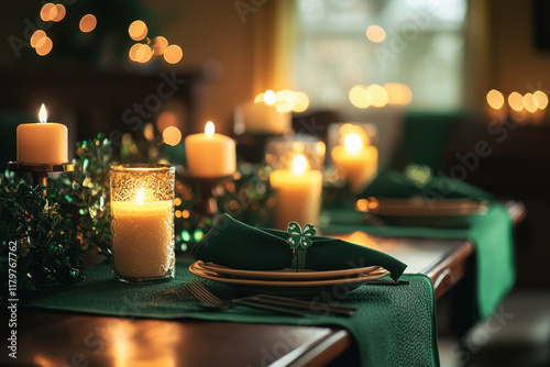 Saint patrick's day table setting with burning candles and shamrock decorations