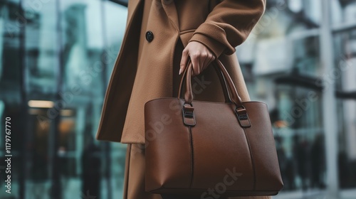 Wallpaper Mural Stylish individual holding a brown handbag outside a modern building during the evening hours in an urban setting. Mocha Mousse trend color 2025 Torontodigital.ca