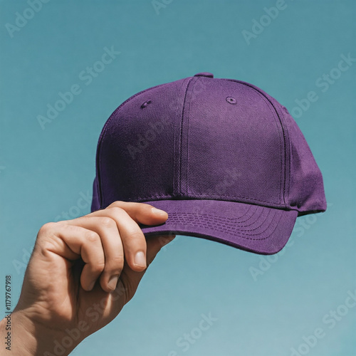 Mockup of man hand holding bright purple color plain baseball cap against sky background