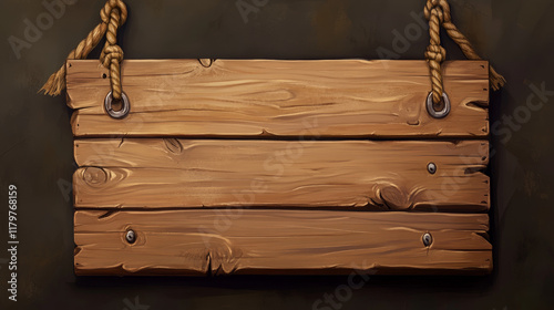 Fototapeta Naklejka Na Ścianę i Meble -  3d wood texture sign board. Wooden plank frame for saloon. Realistic vintage nail bar for text in game. Timber ui interface pointer template icon set. Empty hanging on rope plain banner design