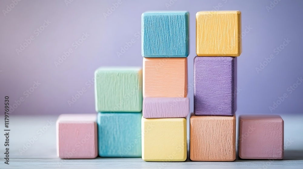 Fototapeta premium A creative display of pastel wooden blocks stacked asymmetrically