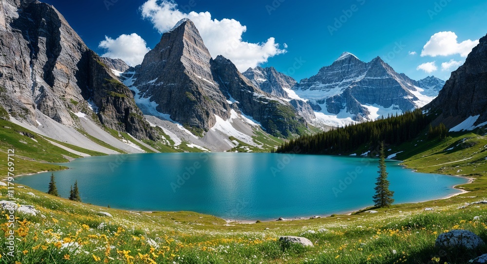 Naklejka premium A highaltitude lake surrounded by towering peaks and scattered wildflowers