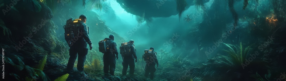 custom made wallpaper toronto digitalA group of divers explores a mystical underwater cave, surrounded by vibrant vegetation and ethereal light filtering through the water.