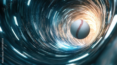 Baseball in motion through futuristic tunnel, symbolizing speed and dynamics in sports. Captivating sports imagery with a sci-fi twist.