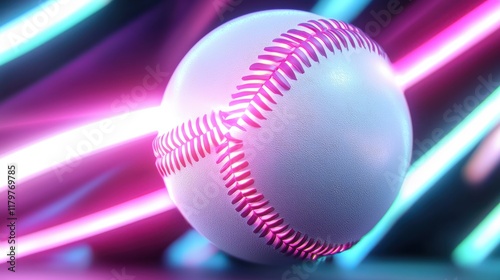 Close-up of a baseball with neon lighting effects in a dynamic, futuristic setting, showcasing motion and excitement.