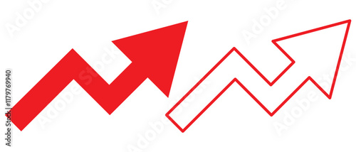 Long arrow growing pointing up on chart graph bars icon, success graph trending upwards flat design interface infographic element for app ui ux web button, vector white background