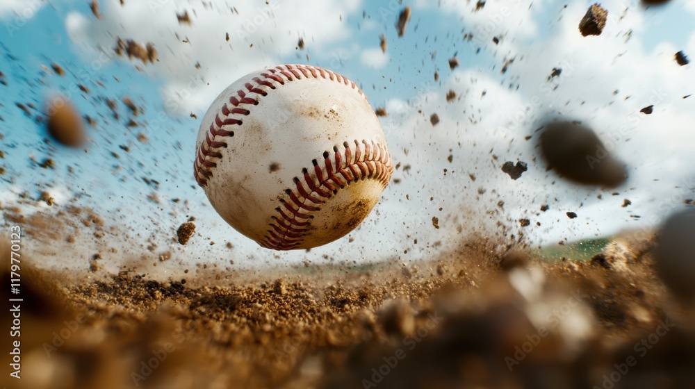 Dynamic baseball flying through the air amid dirt and pebbles, capturing energy and motion in a game setting. Dynamic baseball flying through the air amid dirt and pebbles, capturing energy and motion in a game setting.
