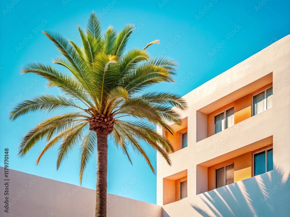Fototapeta premium Luxurious Ibiza Hotel Palm Tree Paradise: Sun-Kissed Relaxation