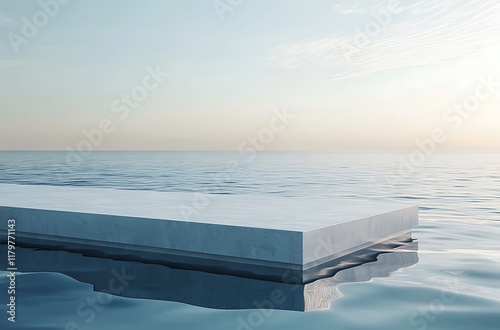 A close-up of an infinity pool with a white stone podium, summer background