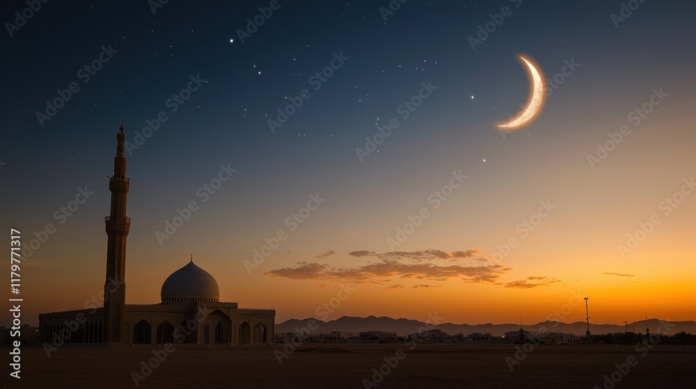 Obraz premium A crescent moon and star shining brightly above a peaceful desert mosque at dusk