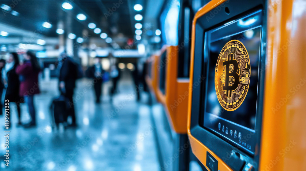 Close up of orange cryptocurrency ATM screen in busy airport Close up of orange cryptocurrency ATM screen in busy airport
