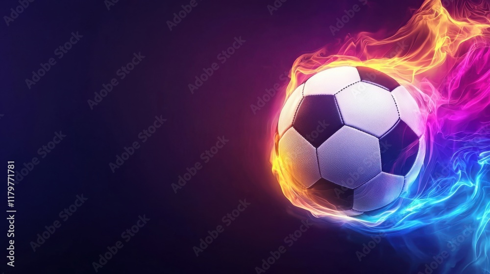 Obraz premium Dynamic soccer ball in vibrant flames against a dark background, symbolizing energy and passion in sports.