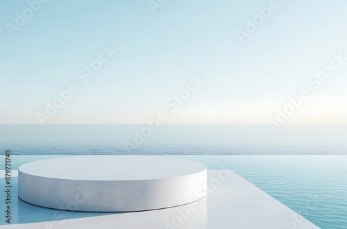 A close-up of an infinity pool with a white stone podium, summer background