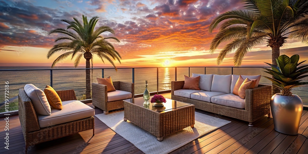 Luxurious Ocean View Balcony: Comfortable Seating & Coffee Table - Stock Photo Luxurious Ocean View Balcony: Comfortable Seating & Coffee Table - Stock Photo