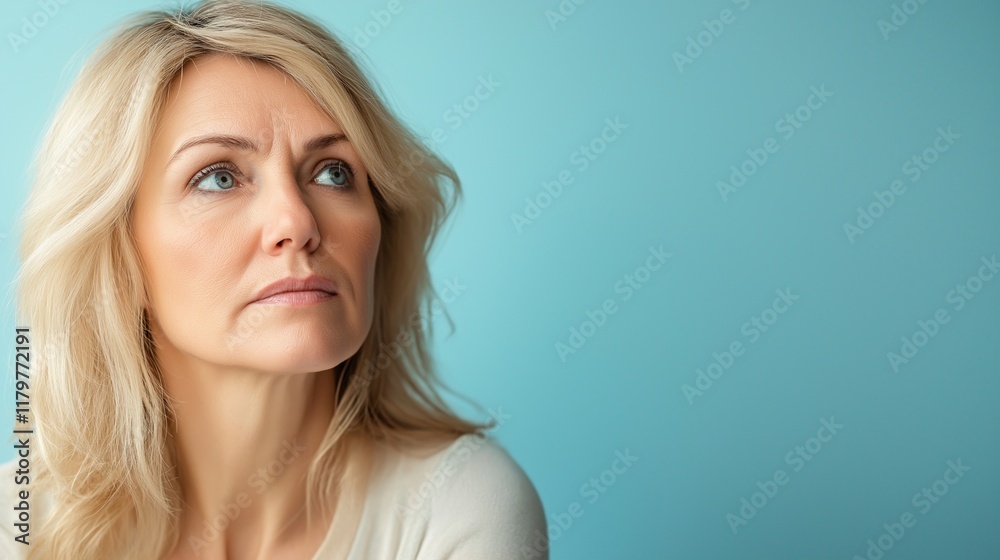 Thoughtful Woman Against Blue Background Space Thoughtful Woman Against Blue Background Space