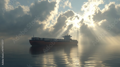 A large freight ship in a still ocean with a backdrop of heavy, dramatic clouds and soft sunlight peeking through, emphasizing the scale and tranquility photo