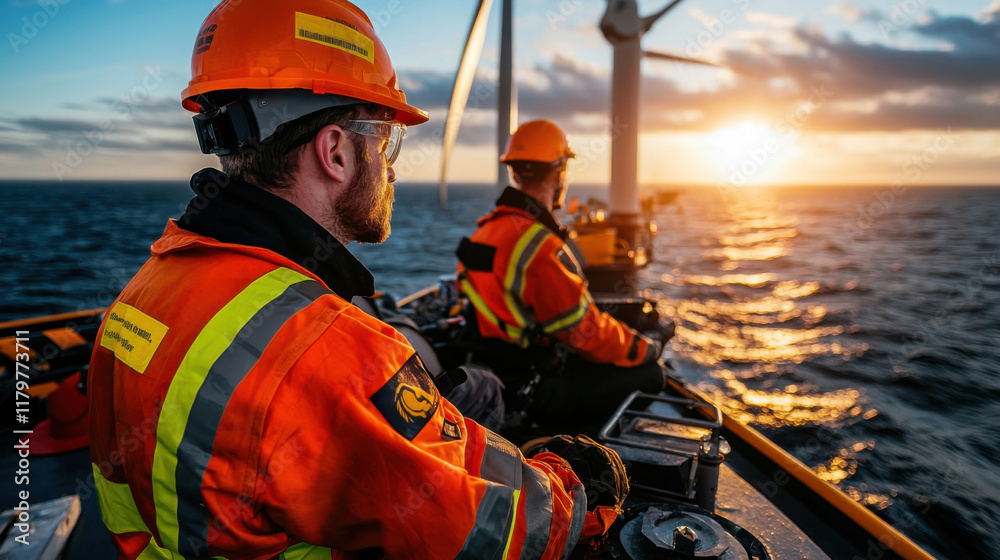 Fototapeta premium Workers in high visibility safety gear observe sunset at sea